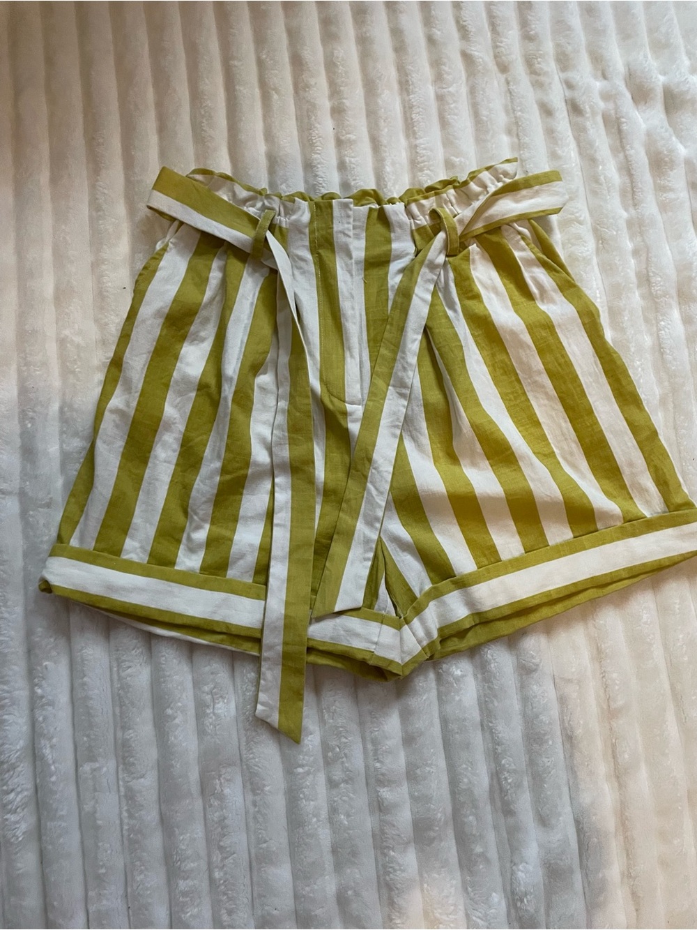 FRNCH Olive and White Striped Paperbag Waist High-Rise Shorts